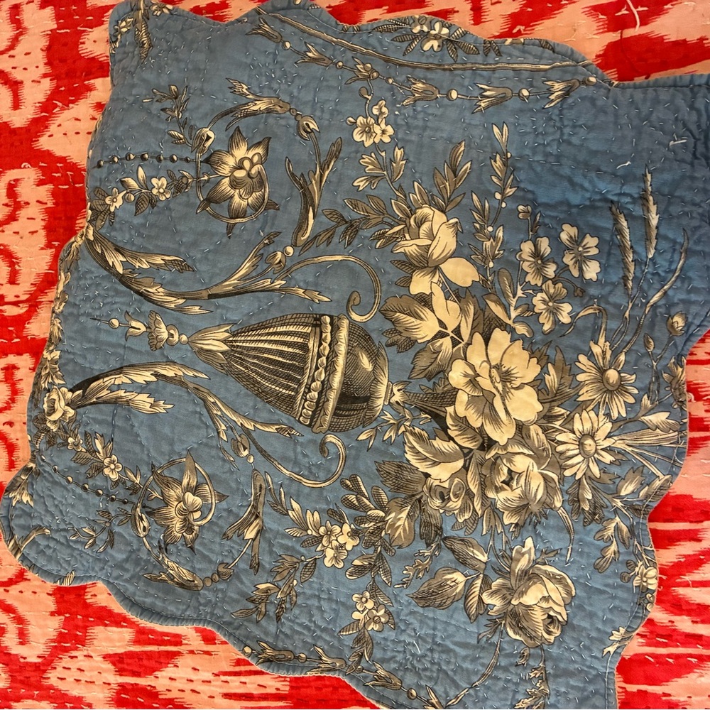 Toile Blue and cream Quilted pillow vintage shams